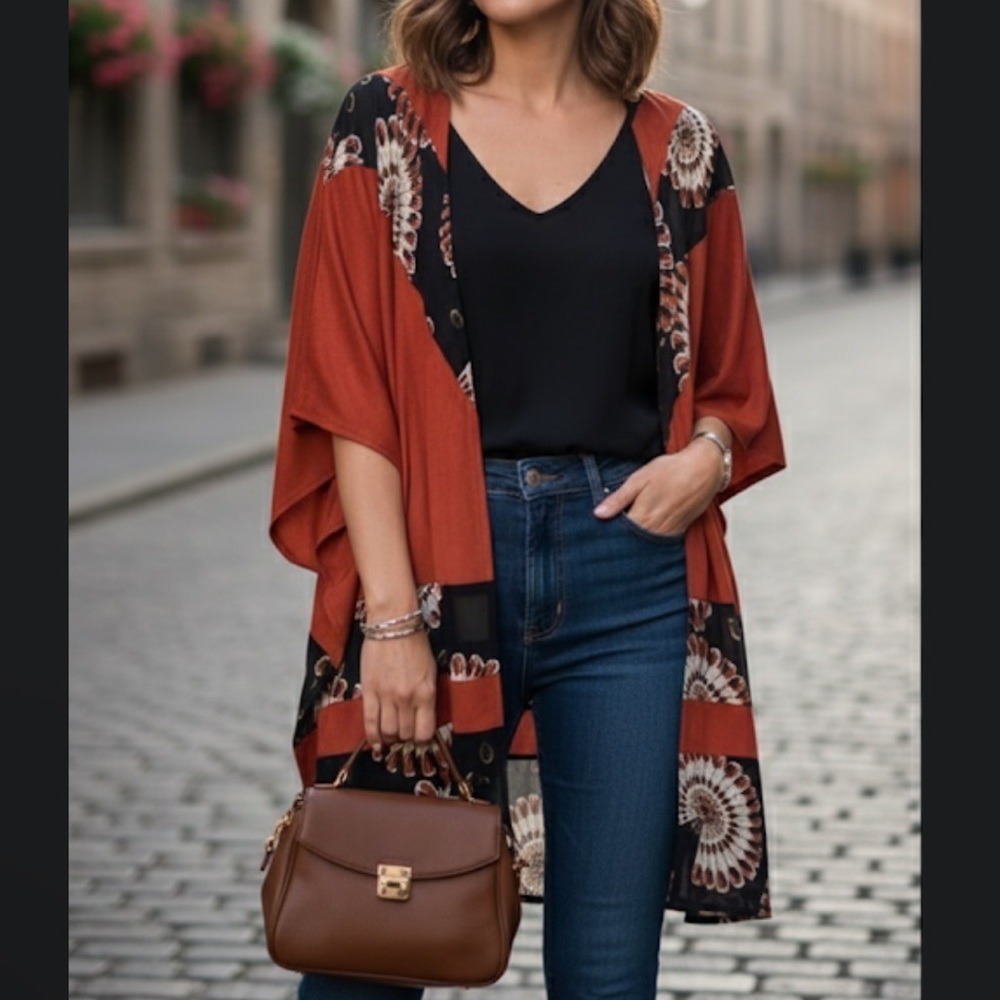Chico's Women's Size L/XL Print Sweet Paprika Faux Sueded‎ Ruana Kimono Top